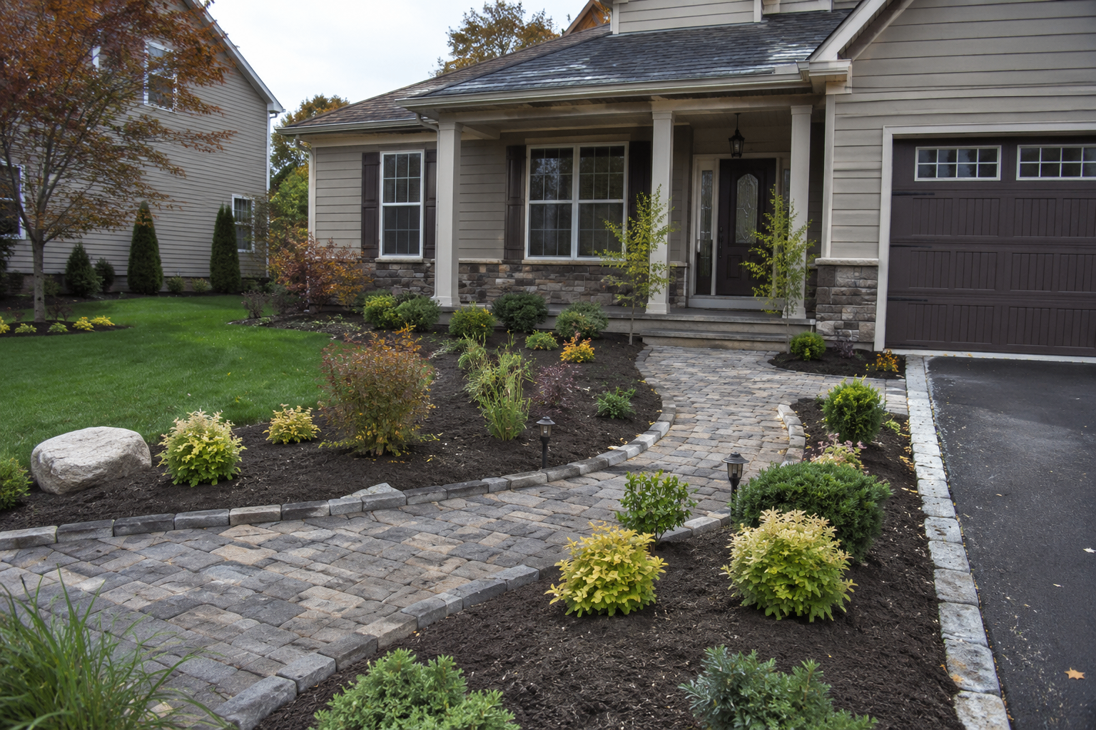 Custom paver walkway with manicured front-yard deck & fence by Expert Deck & Fences